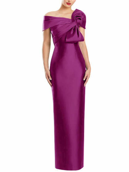 One-Shoulder Floor-Length Mother of the Bride Gown with Bow in Sheath/Column Style