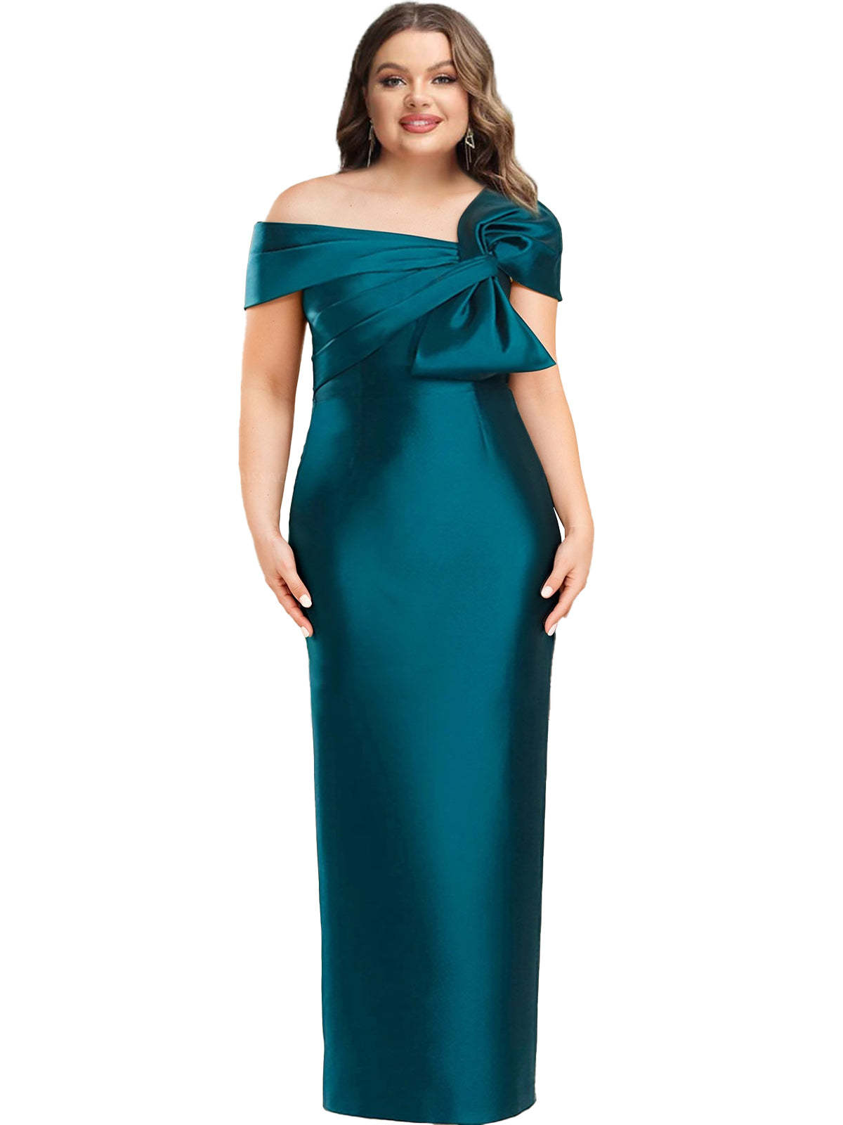 One-Shoulder Floor-Length Mother of the Bride Gown with Bow in Sheath/Column Style