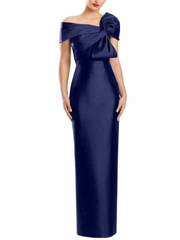 One-Shoulder Floor-Length Mother of the Bride Gown with Bow in Sheath/Column Style