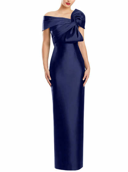 One-Shoulder Floor-Length Mother of the Bride Gown with Bow in Sheath/Column Style