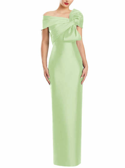 One-Shoulder Floor-Length Mother of the Bride Gown with Bow in Sheath/Column Style