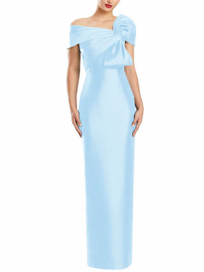 One-Shoulder Floor-Length Mother of the Bride Gown with Bow in Sheath/Column Style