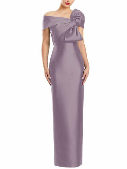 One-Shoulder Floor-Length Mother of the Bride Gown with Bow in Sheath/Column Style