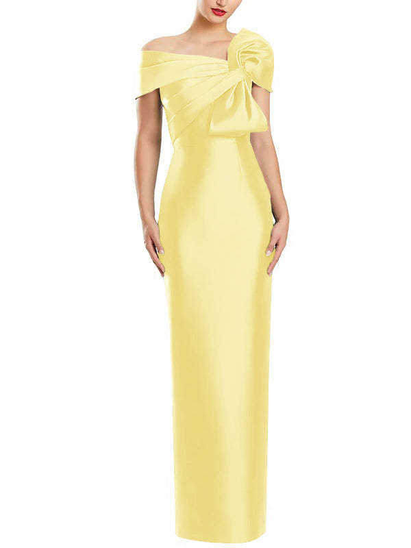 One-Shoulder Floor-Length Mother of the Bride Gown with Bow in Sheath/Column Style