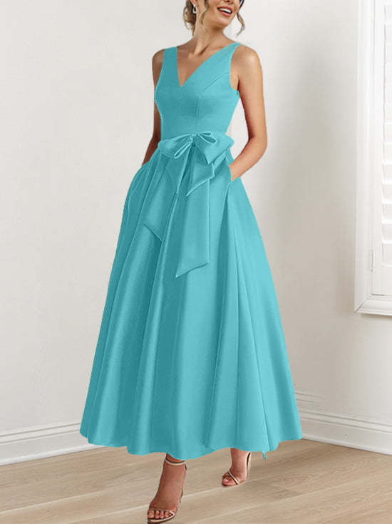 V-Neck Sleeveless A-Line Princess Ankle-Length Mother of the Bride Dress with Ruffles & Pockets