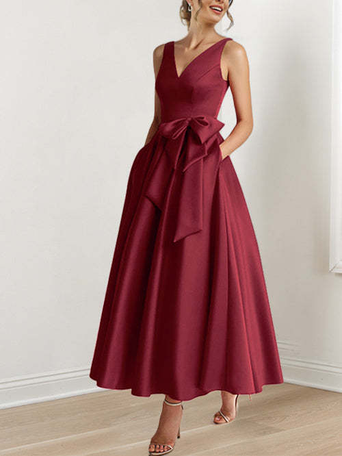 V-Neck Sleeveless A-Line Princess Ankle-Length Mother of the Bride Dress with Ruffles & Pockets