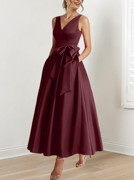 V-Neck Sleeveless A-Line Princess Ankle-Length Mother of the Bride Dress with Ruffles & Pockets