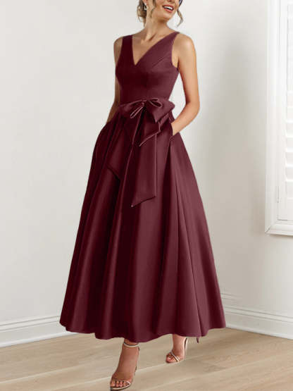 V-Neck Sleeveless A-Line Princess Ankle-Length Mother of the Bride Dress with Ruffles & Pockets