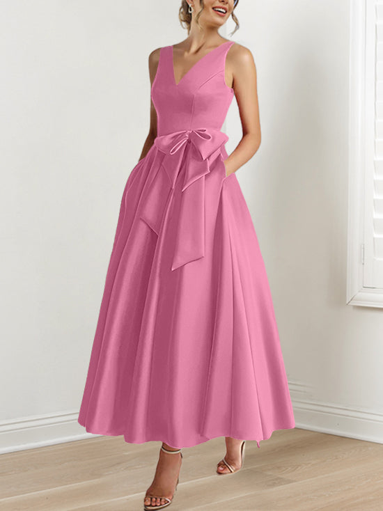 V-Neck Sleeveless A-Line Princess Ankle-Length Mother of the Bride Dress with Ruffles & Pockets