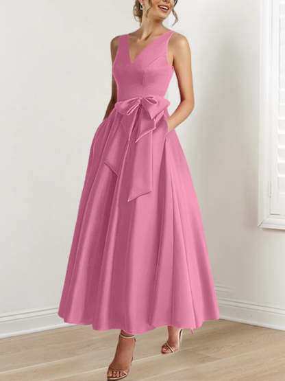 V-Neck Sleeveless A-Line Princess Ankle-Length Mother of the Bride Dress with Ruffles & Pockets