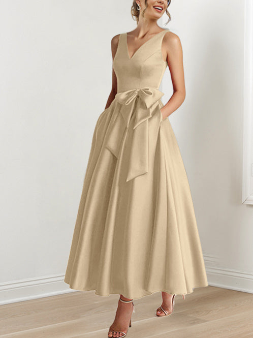 V-Neck Sleeveless A-Line Princess Ankle-Length Mother of the Bride Dress with Ruffles & Pockets