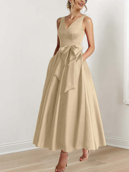 V-Neck Sleeveless A-Line Princess Ankle-Length Mother of the Bride Dress with Ruffles & Pockets