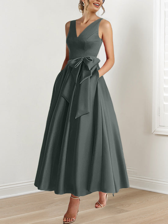 V-Neck Sleeveless A-Line Princess Ankle-Length Mother of the Bride Dress with Ruffles & Pockets