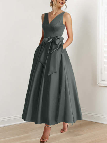 V-Neck Sleeveless A-Line Princess Ankle-Length Mother of the Bride Dress with Ruffles & Pockets