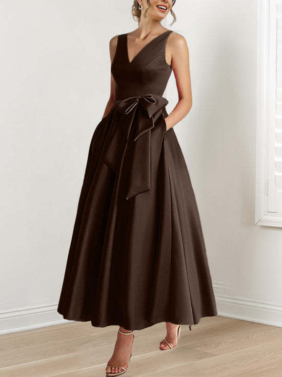 V-Neck Sleeveless A-Line Princess Ankle-Length Mother of the Bride Dress with Ruffles & Pockets