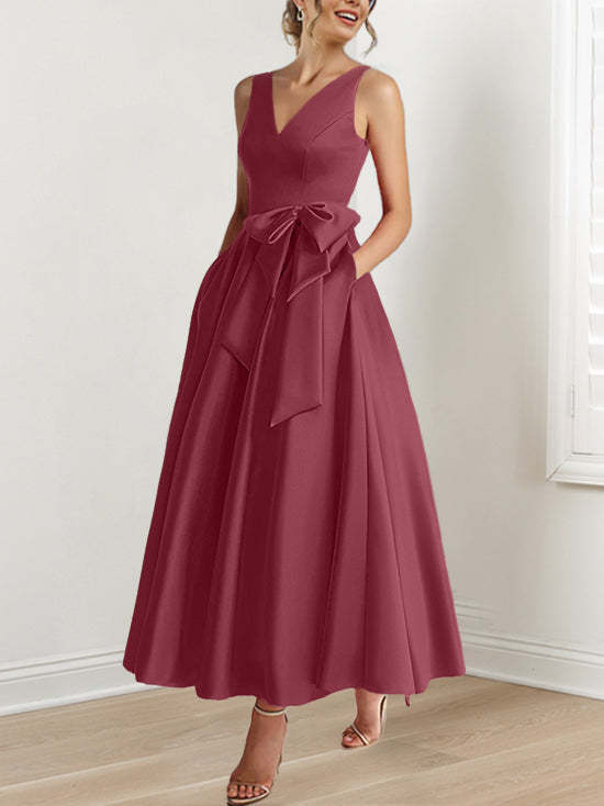 V-Neck Sleeveless A-Line Princess Ankle-Length Mother of the Bride Dress with Ruffles & Pockets
