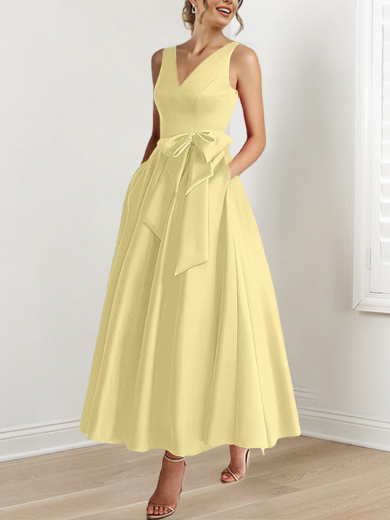 V-Neck Sleeveless A-Line Princess Ankle-Length Mother of the Bride Dress with Ruffles & Pockets