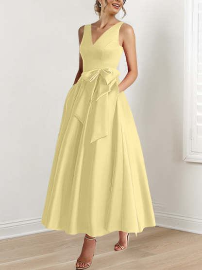 V-Neck Sleeveless A-Line Princess Ankle-Length Mother of the Bride Dress with Ruffles & Pockets