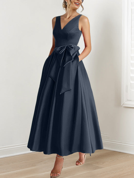 V-Neck Sleeveless A-Line Princess Ankle-Length Mother of the Bride Dress with Ruffles & Pockets