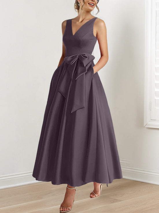 V-Neck Sleeveless A-Line Princess Ankle-Length Mother of the Bride Dress with Ruffles & Pockets