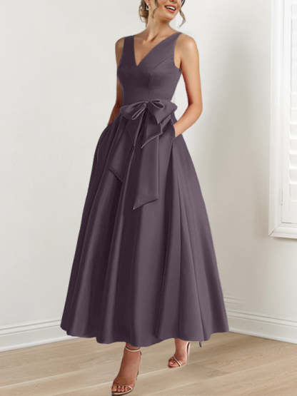 V-Neck Sleeveless A-Line Princess Ankle-Length Mother of the Bride Dress with Ruffles & Pockets
