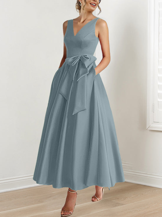V-Neck Sleeveless A-Line Princess Ankle-Length Mother of the Bride Dress with Ruffles & Pockets