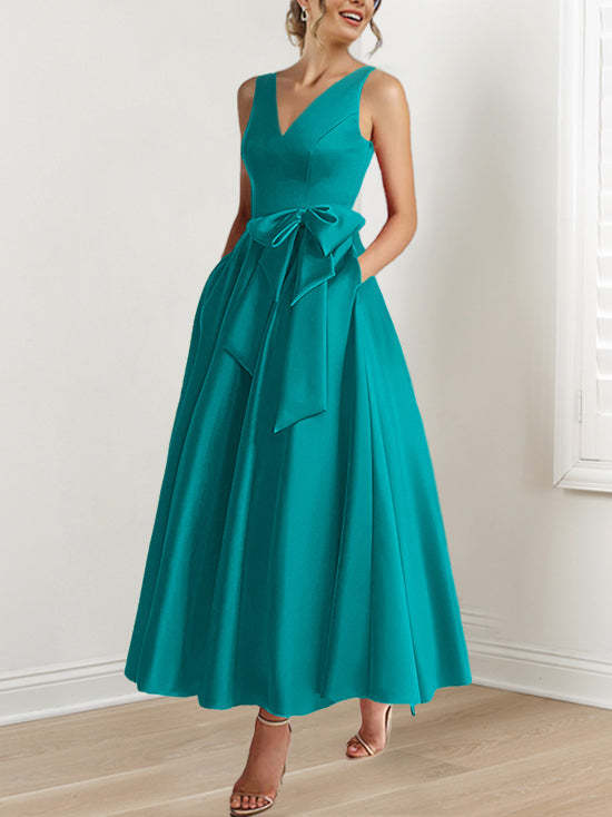 V-Neck Sleeveless A-Line Princess Ankle-Length Mother of the Bride Dress with Ruffles & Pockets