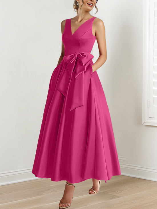 V-Neck Sleeveless A-Line Princess Ankle-Length Mother of the Bride Dress with Ruffles & Pockets
