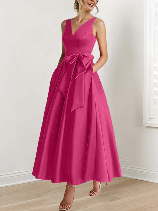 V-Neck Sleeveless A-Line Princess Ankle-Length Mother of the Bride Dress with Ruffles & Pockets