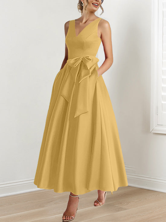 V-Neck Sleeveless A-Line Princess Ankle-Length Mother of the Bride Dress with Ruffles & Pockets