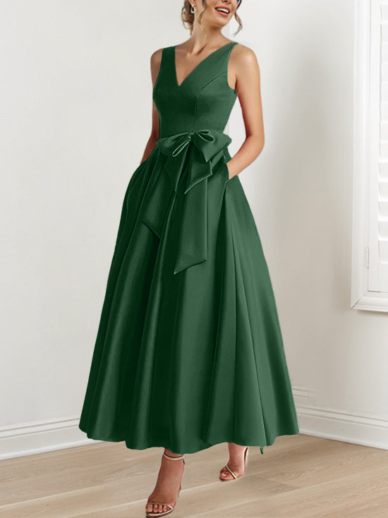 V-Neck Sleeveless A-Line Princess Ankle-Length Mother of the Bride Dress with Ruffles & Pockets