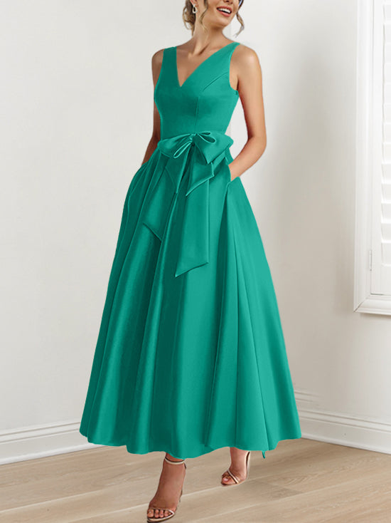 V-Neck Sleeveless A-Line Princess Ankle-Length Mother of the Bride Dress with Ruffles & Pockets