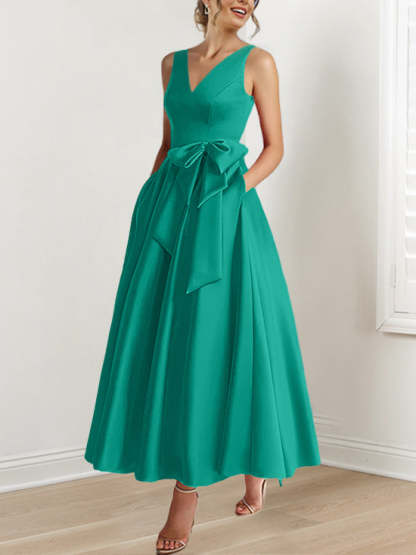 V-Neck Sleeveless A-Line Princess Ankle-Length Mother of the Bride Dress with Ruffles & Pockets