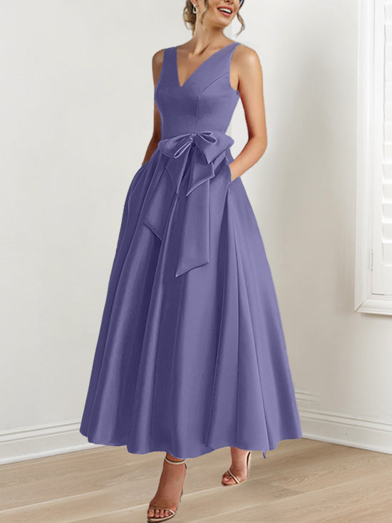 V-Neck Sleeveless A-Line Princess Ankle-Length Mother of the Bride Dress with Ruffles & Pockets