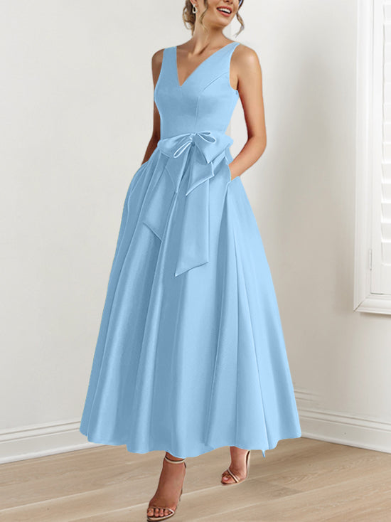 V-Neck Sleeveless A-Line Princess Ankle-Length Mother of the Bride Dress with Ruffles & Pockets