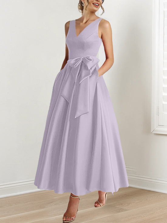 V-Neck Sleeveless A-Line Princess Ankle-Length Mother of the Bride Dress with Ruffles & Pockets
