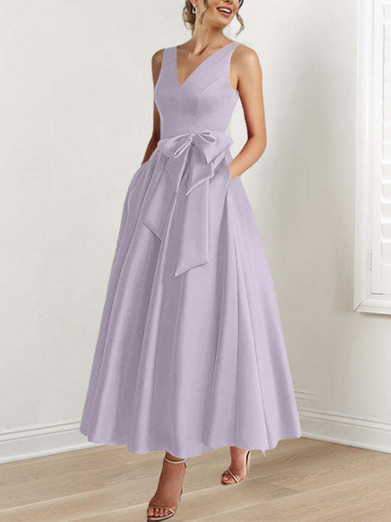 V-Neck Sleeveless A-Line Princess Ankle-Length Mother of the Bride Dress with Ruffles & Pockets