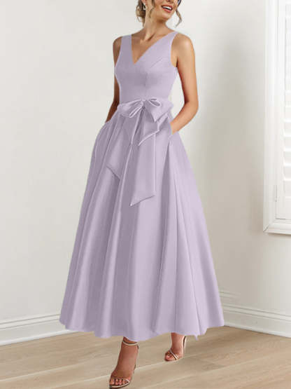 V-Neck Sleeveless A-Line Princess Ankle-Length Mother of the Bride Dress with Ruffles & Pockets