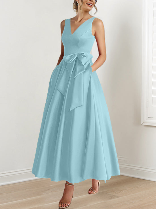 V-Neck Sleeveless A-Line Princess Ankle-Length Mother of the Bride Dress with Ruffles & Pockets