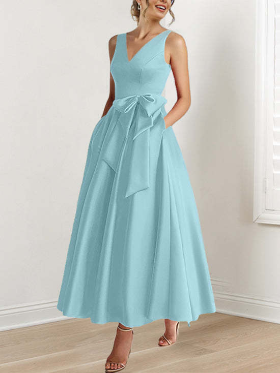 V-Neck Sleeveless A-Line Princess Ankle-Length Mother of the Bride Dress with Ruffles & Pockets