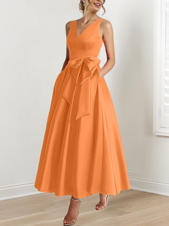V-Neck Sleeveless A-Line Princess Ankle-Length Mother of the Bride Dress with Ruffles & Pockets