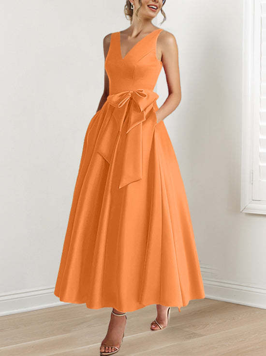 V-Neck Sleeveless A-Line Princess Ankle-Length Mother of the Bride Dress with Ruffles & Pockets