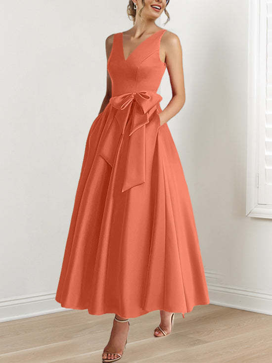 V-Neck Sleeveless A-Line Princess Ankle-Length Mother of the Bride Dress with Ruffles & Pockets
