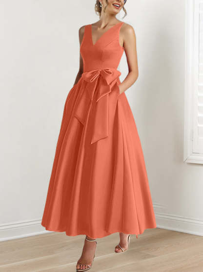 V-Neck Sleeveless A-Line Princess Ankle-Length Mother of the Bride Dress with Ruffles & Pockets