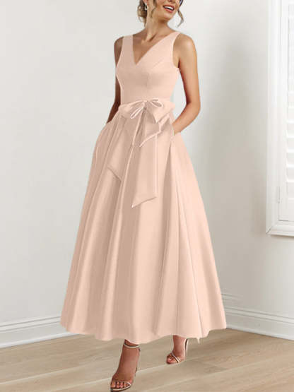 V-Neck Sleeveless A-Line Princess Ankle-Length Mother of the Bride Dress with Ruffles & Pockets