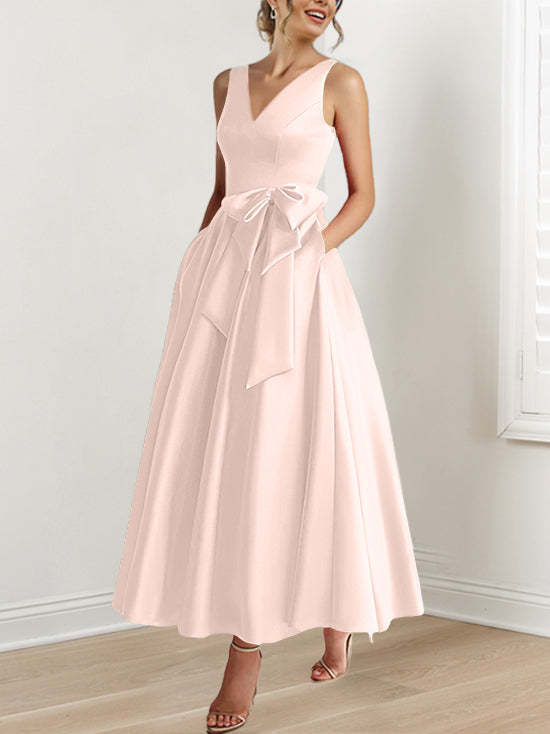 V-Neck Sleeveless A-Line Princess Ankle-Length Mother of the Bride Dress with Ruffles & Pockets