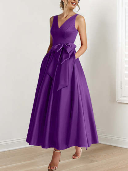 V-Neck Sleeveless A-Line Princess Ankle-Length Mother of the Bride Dress with Ruffles & Pockets