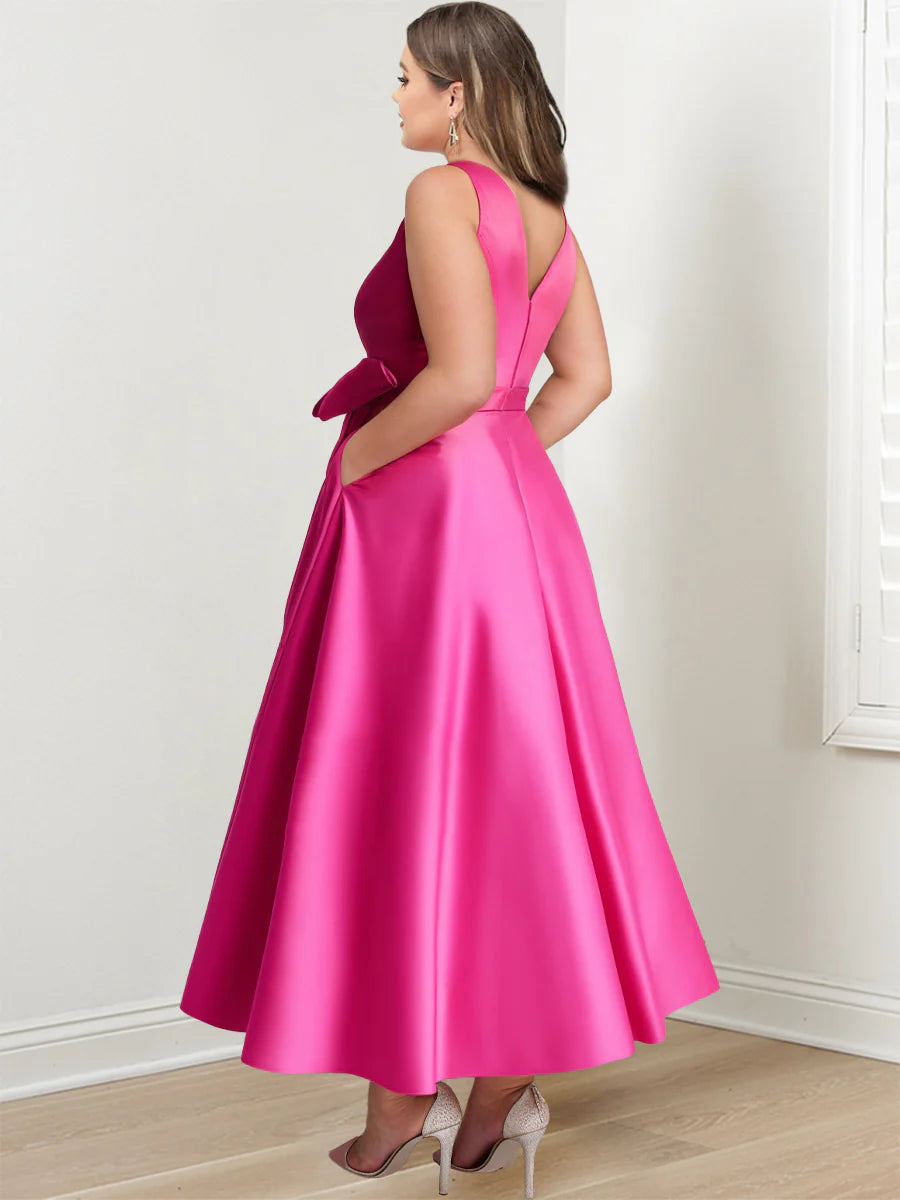 Plus Size V-Neck Sleeveless A-Line Princess Mother of the Bride Ankle-Length Dress with Pockets and Ruffles-BMbridal.UK