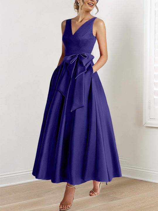 V-Neck Sleeveless A-Line Princess Ankle-Length Mother of the Bride Dress with Ruffles & Pockets