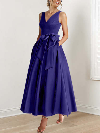 V-Neck Sleeveless A-Line Princess Ankle-Length Mother of the Bride Dress with Ruffles & Pockets